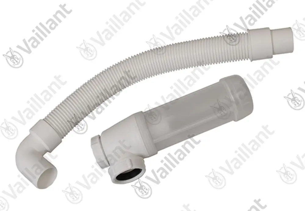 Vaillant Siphon mit einem flexiblen Schlauch und einem festen Anschluss, beide in Weiß, für den Einsatz in Sanitärinstallationen.